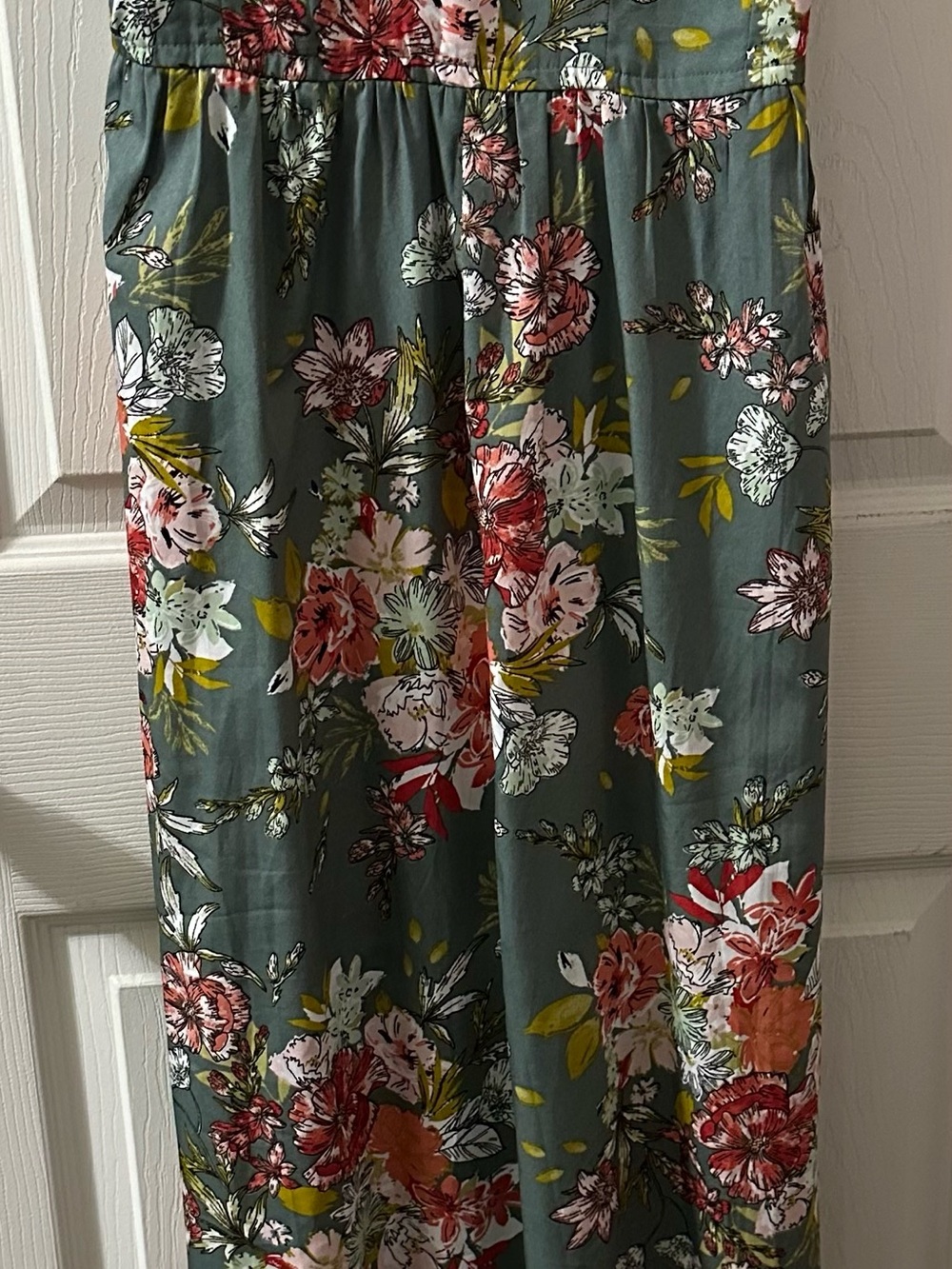 Floral Maxi Skirt in Sage Green with Pink & Red Blooms